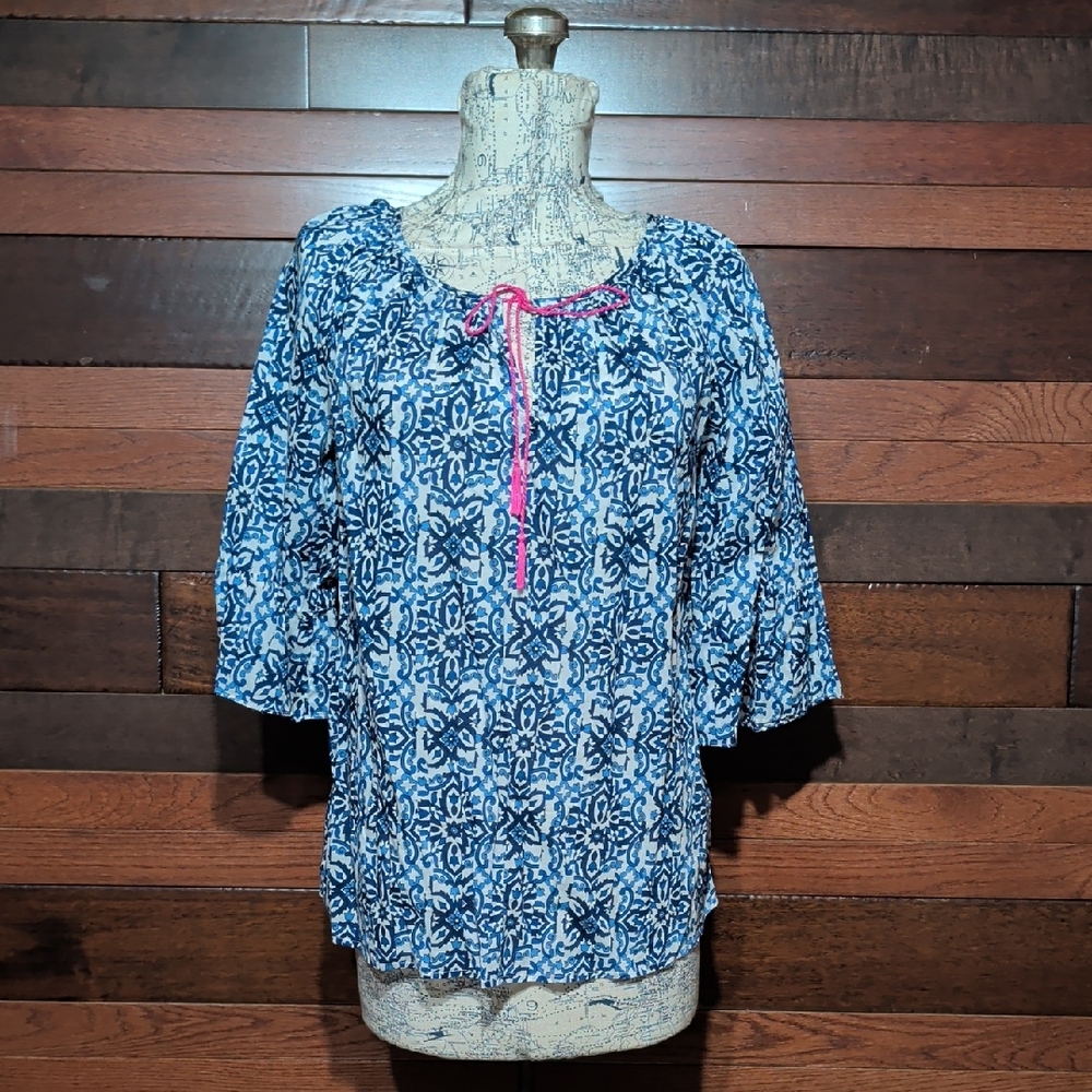 Milly By Design Nation Blue and White Blouse with Pink Accent